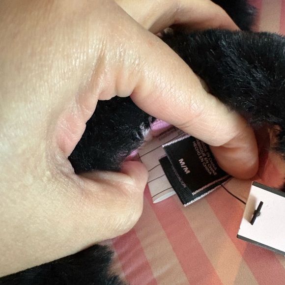 Victoria's Secret Signature Satin Slipper Pink Stripe Black Fur Trim NWT size M - Picture 2 of 6